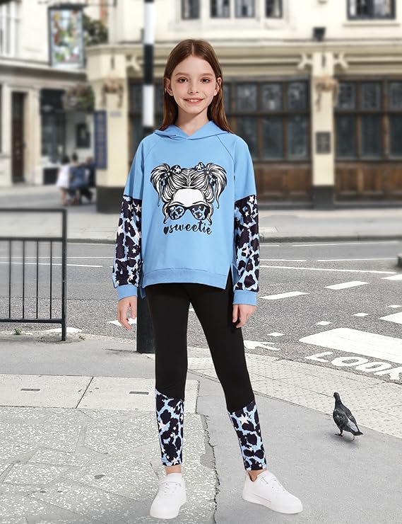 Girls Clothes Cool Girl Print Tie Dye Hoodie Pullover Sweatshirt Leggings 2PC Outfits