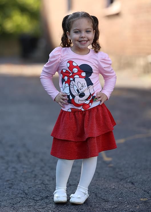 Disney Frozen Elsa Stitch Princess Minnie Toddler Girl 2 Piece Outfit Puff Sleeve Top & Sparkly Skirt Set Birthday Dress 2-9Y