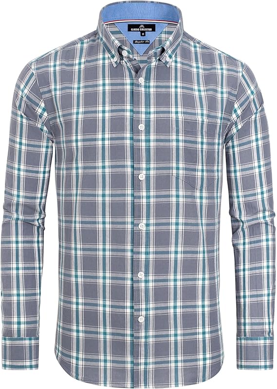 Alimens & Gentle Men's Plaid Button Down Shirts Cotton Long Sleeve Dress Shirts Regular Fit Gingham Shirts