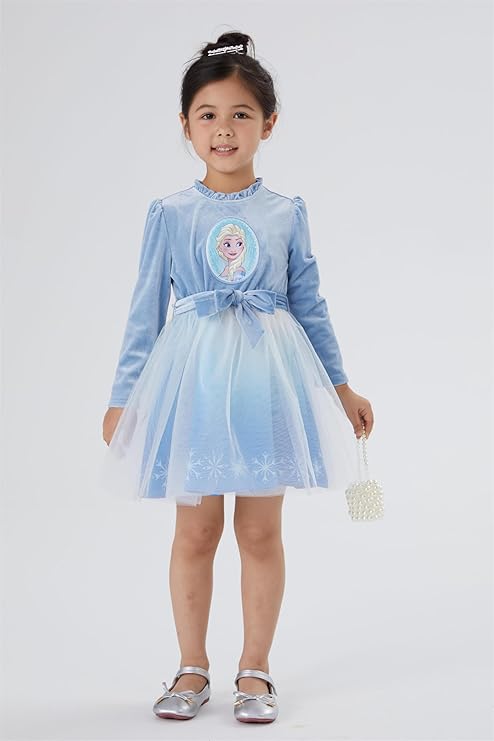 Disney Frozen Elsa Princess Cinderella Ariel Jasmine Rapunzel Baby/Toddler Dress, Ruffle Long-Sleeve Mesh Overlay Tulle Dress