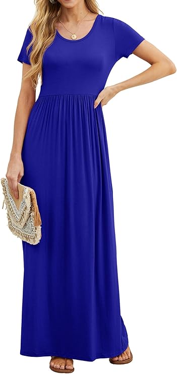 GRECERELLE Women Summer Crew Neck Casual Short Sleeve Solid Floral Print Long Maxi Dress with Pockets