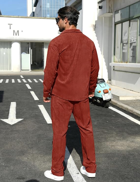 LecGee Men's 2 Piece Corduroy Shacket and Pants Outfits Long Sleeve Causal Autumn Winter Jacket Tracksuit Overshirt Set