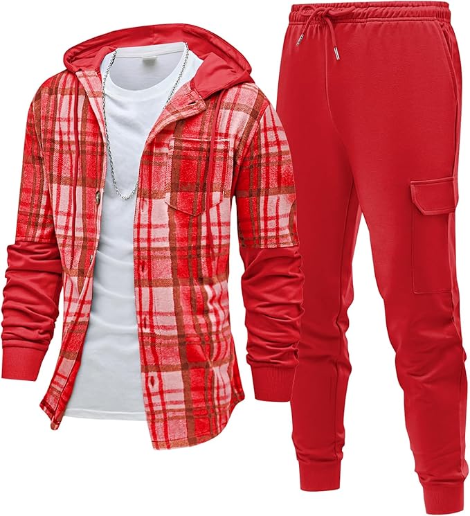 Mens Sweatsuits 2 Piece Set Hood Flannel Plaid Fleece Shacket and Joggers Sweatpants Set Tracksuit