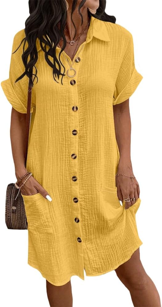 Womens Summer Casual Short Sleeve Shirt Dress Loose V Neck Button Down Beach Sundress with Pockets