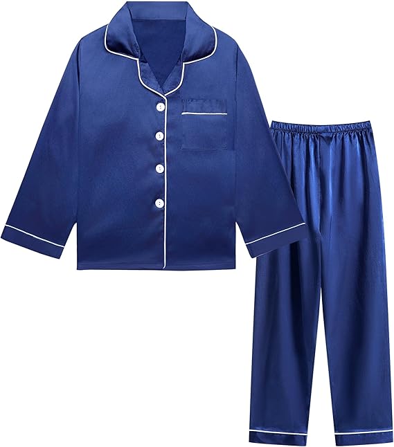 DIPUG Girls Satin Pajamas Long Sleeve Sleepwear Set Silky Feel Pjs for Kids Ages 4 to 13