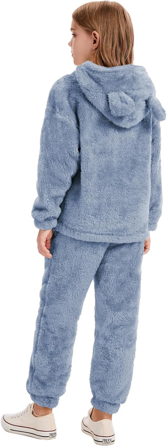 Flygo Girls Fuzzy Pants Set Crop Hoodie Bear Ear Two Piece Outfits Fluffy Sweatshirt and Fleece Pants Sweatsuit