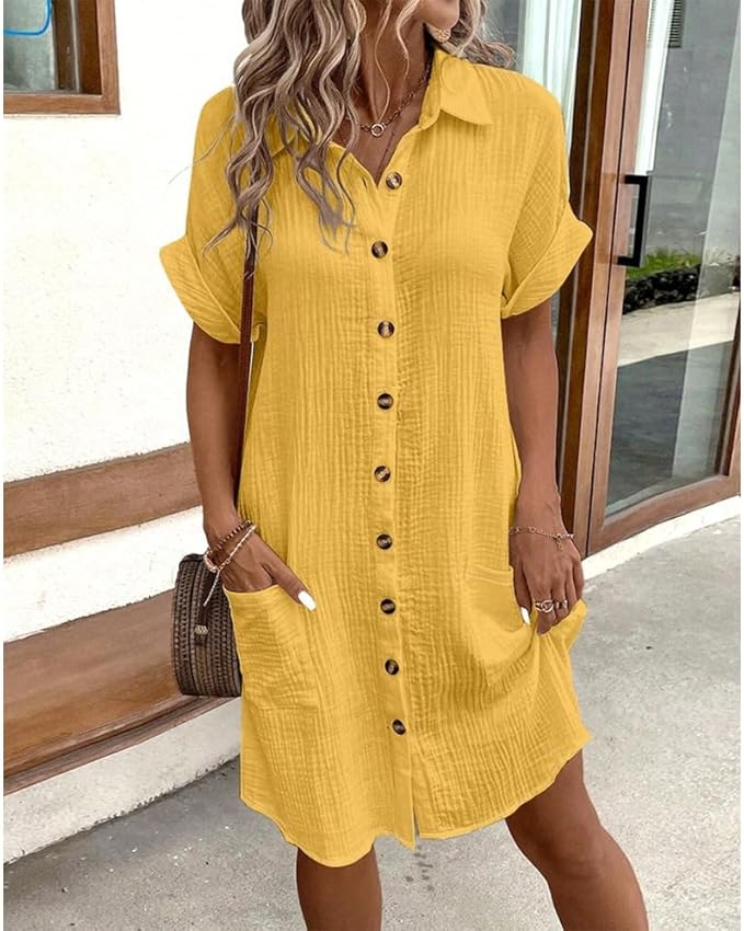 Womens Summer Casual Short Sleeve Shirt Dress Loose V Neck Button Down Beach Sundress with Pockets