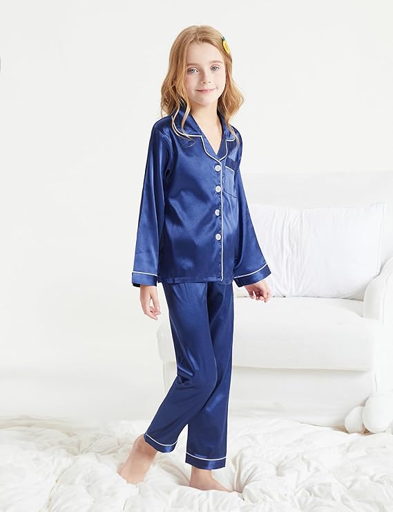 DIPUG Girls Satin Pajamas Long Sleeve Sleepwear Set Silky Feel Pjs for Kids Ages 4 to 13