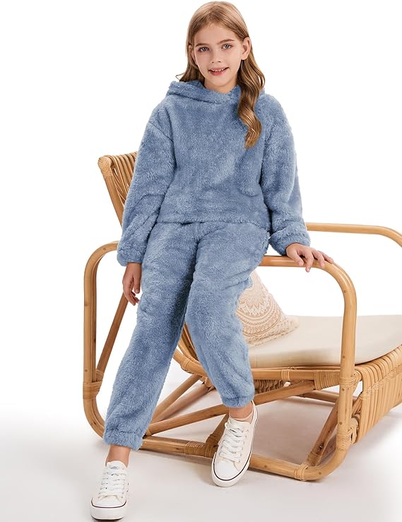 Flygo Girls Fuzzy Pants Set Crop Hoodie Bear Ear Two Piece Outfits Fluffy Sweatshirt and Fleece Pants Sweatsuit