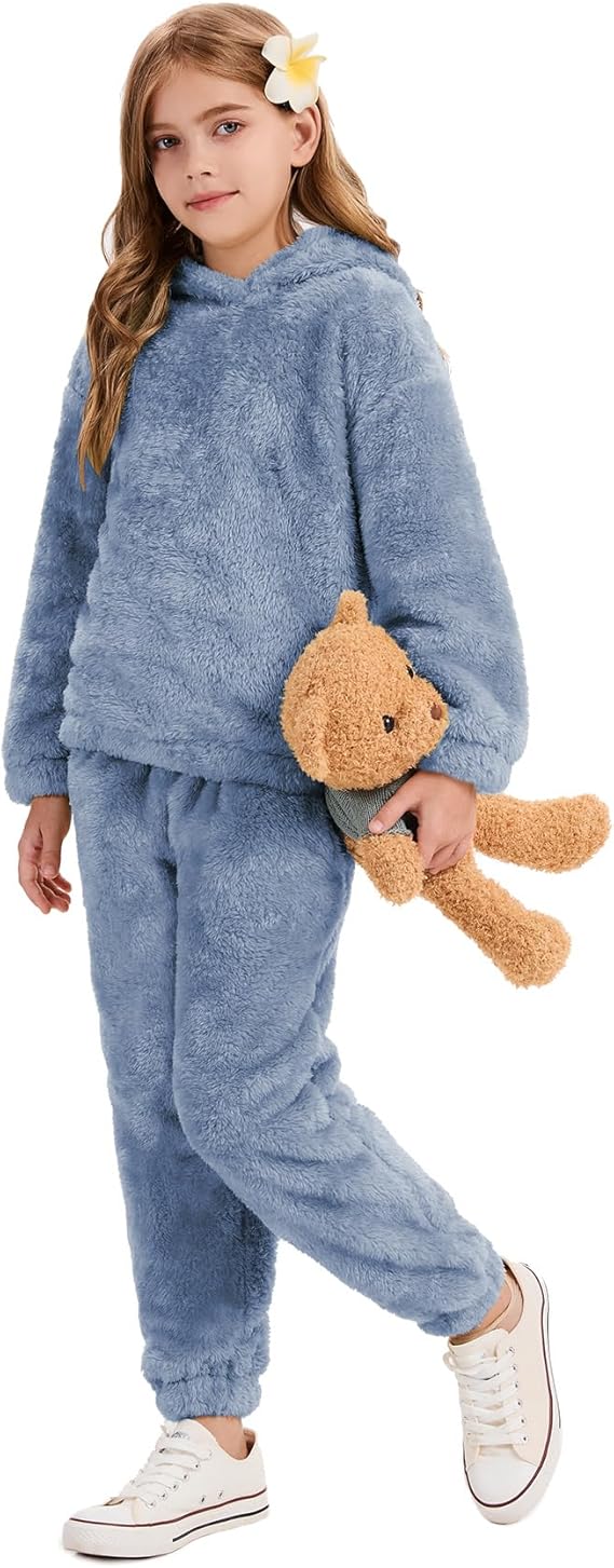 Flygo Girls Fuzzy Pants Set Crop Hoodie Bear Ear Two Piece Outfits Fluffy Sweatshirt and Fleece Pants Sweatsuit