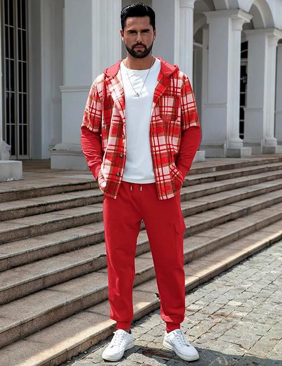 Mens Sweatsuits 2 Piece Set Hood Flannel Plaid Fleece Shacket and Joggers Sweatpants Set Tracksuit