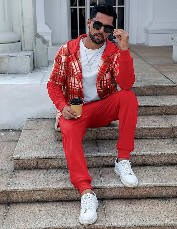Mens Sweatsuits 2 Piece Set Hood Flannel Plaid Fleece Shacket and Joggers Sweatpants Set Tracksuit