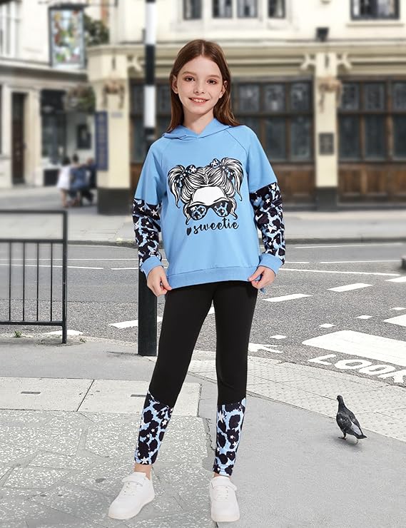 Girls Clothes Cool Girl Print Tie Dye Hoodie Pullover Sweatshirt Leggings 2PC Outfits