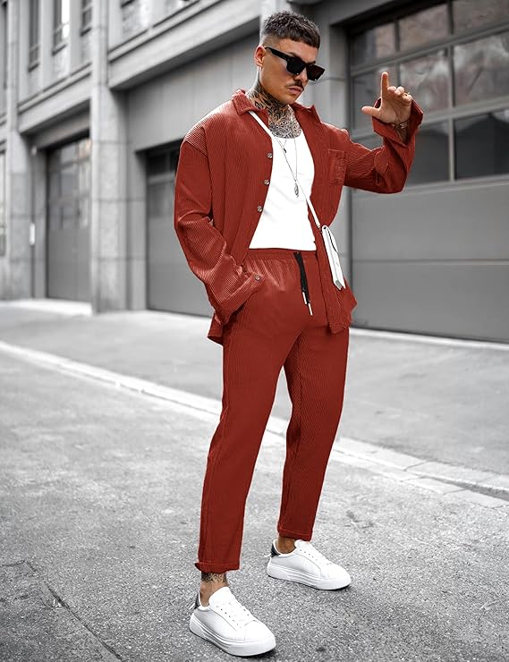 LecGee Men's 2 Piece Corduroy Shacket and Pants Outfits Long Sleeve Causal Autumn Winter Jacket Tracksuit Overshirt Set