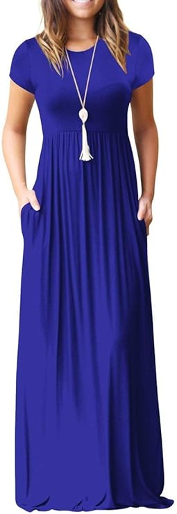 GRECERELLE Women Summer Crew Neck Casual Short Sleeve Solid Floral Print Long Maxi Dress with Pockets