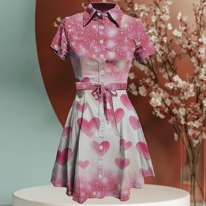 MARSVOVO Cute T Shirt Dress for Women Short Sleeve Button Up Tie Waist Elegant Casual Collared Smocked Midi Dress