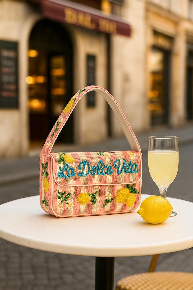 Pink Lemon Shoulder Bag, Striped Beaded Purse, La Dolce Vita Shoulder Bag, Lemon Design Handbag, Summer Shoulder Bag, Lemon Handcrafted Bags