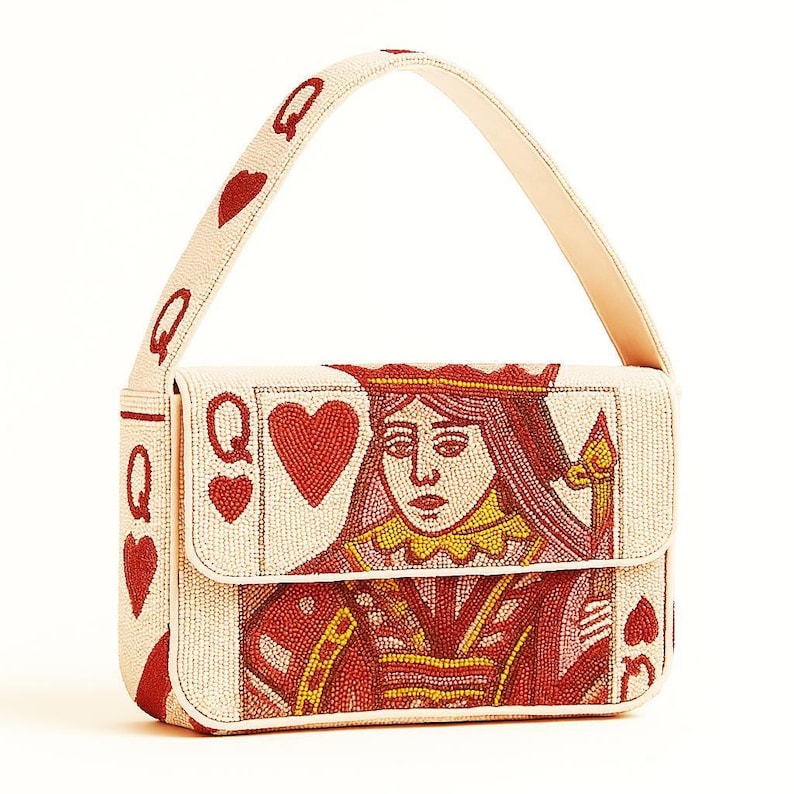 Classic Queen Bag, Red Queen Purse, Playing Card Clutch, Beaded Shoulder Bag, Casino Night Bag, Regal Purse, Handmade Red Bag, Elegant Purse