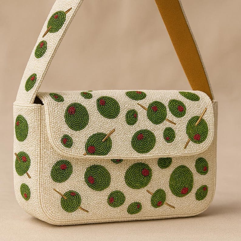 Olive Beaded Purse, Olive Bag, Green Olive Shoulder Bag, Beaded Handbag, Cocktail Purse, Evening Bag, Handcrafted Olive Shoulder Purse Gifts