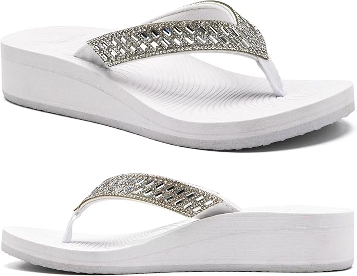 KuaiLu Womens Dressy Rhinestone Platform Flip Flops Trendy Comfortable Arch Support Cushion Walking Thong Sandals Yoga Foam Low Wedge Slippers Summer Pool Beach
