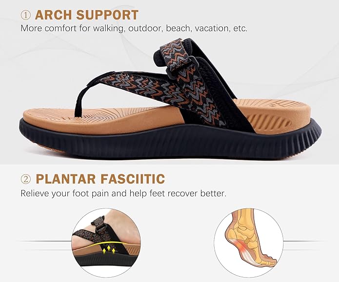 KuaiLu Womens Orthopedic Flip Flops With Arch Support Adjustable Thick Athletic Cushion Recovery Walking Sandals For Woman Ladies Fashion Comfortable Flip-Flop Slides, Water Resistant & Lightweight