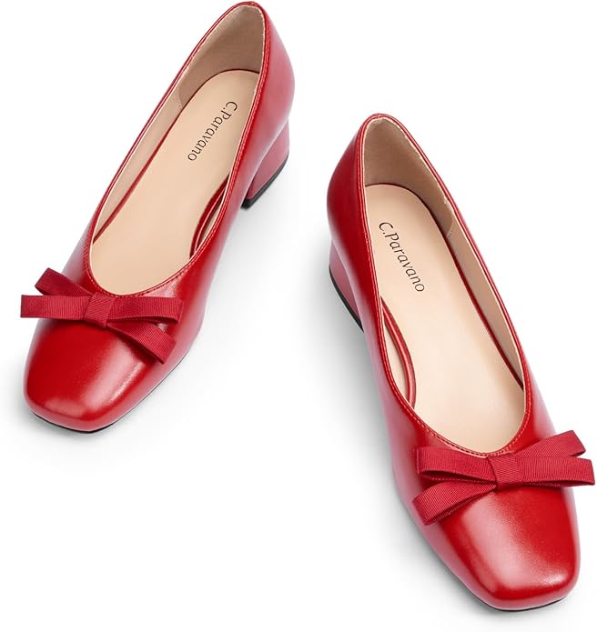 C.Paravano Women's Pumps | Low Chunky Heel | Block Heels for Women | Dress Shoes for Women | Comfortable Heels with Bow