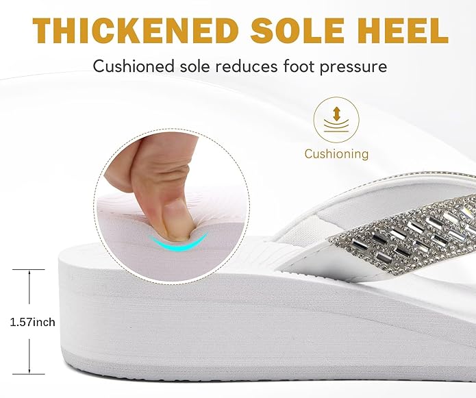 KuaiLu Womens Dressy Rhinestone Platform Flip Flops Trendy Comfortable Arch Support Cushion Walking Thong Sandals Yoga Foam Low Wedge Slippers Summer Pool Beach