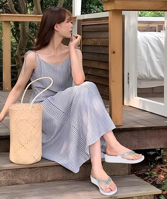 KuaiLu Womens Dressy Rhinestone Platform Flip Flops Trendy Comfortable Arch Support Cushion Walking Thong Sandals Yoga Foam Low Wedge Slippers Summer Pool Beach