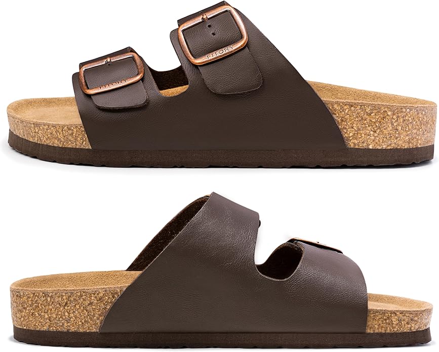 FITORY Mens Leather Insole Sandals with Two Buckles,Open Toe Slides for Indoor and Outdoor Size 7-14.5
