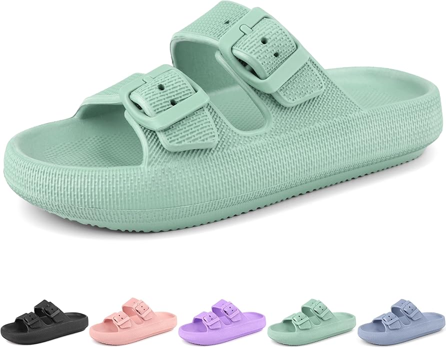 Kids Cloud Slides Girls Boys Double Buckle Slip On Sandals Youth Adjustable Flip Flops Summer Soft Pillow Slippers EVA Flat Beach Pool Shower Shoes