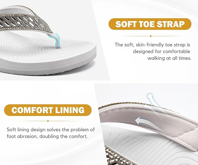 KuaiLu Womens Dressy Rhinestone Platform Flip Flops Trendy Comfortable Arch Support Cushion Walking Thong Sandals Yoga Foam Low Wedge Slippers Summer Pool Beach