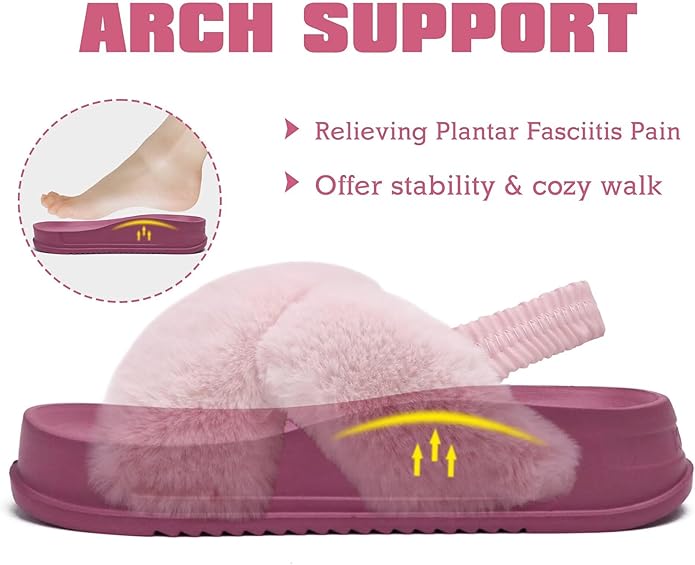 KuaiLu Womens Fuzzy Criss Cross Band Platform Slippers Arch Support Furry Faux Fur Ladies Open Toe Cozy Soft Plush Fleece Comfy House Shoes Sandals
