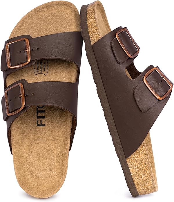 FITORY Mens Leather Insole Sandals with Two Buckles,Open Toe Slides for Indoor and Outdoor Size 7-14.5