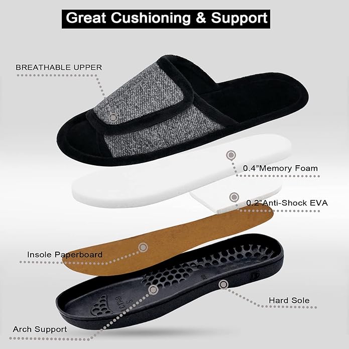 DL Adjustable Men's Memory Foam Slippers, Comfy Indoor Outdoor, Breathable Slide Bedroom Slippers Size 7-14