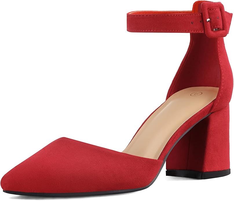 mysoft Women's Pointed Toe Low Chunky Heels Closed Toe Ankle Strap Dress Pump Shoes - Available in Wide Sizes