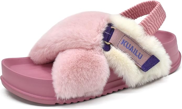 KuaiLu Womens Fuzzy Criss Cross Band Platform Slippers Arch Support Furry Faux Fur Ladies Open Toe Cozy Soft Plush Fleece Comfy House Shoes Sandals