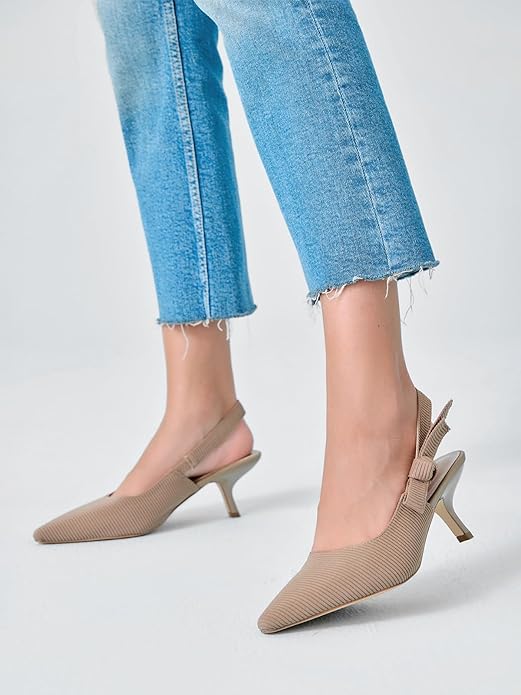 Coutgo Womens Slingback Kitten Heels Closed Pointed Toe Bowknot Knitted Slip On Work Pumps Dress Shoes