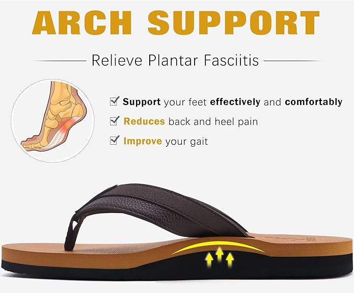 KuaiLu Men's Yoga Mat Leather Flip Flops with Arch Support Comfortable Cushion Walking Thong Sandals Slip On Indoor Outdoor