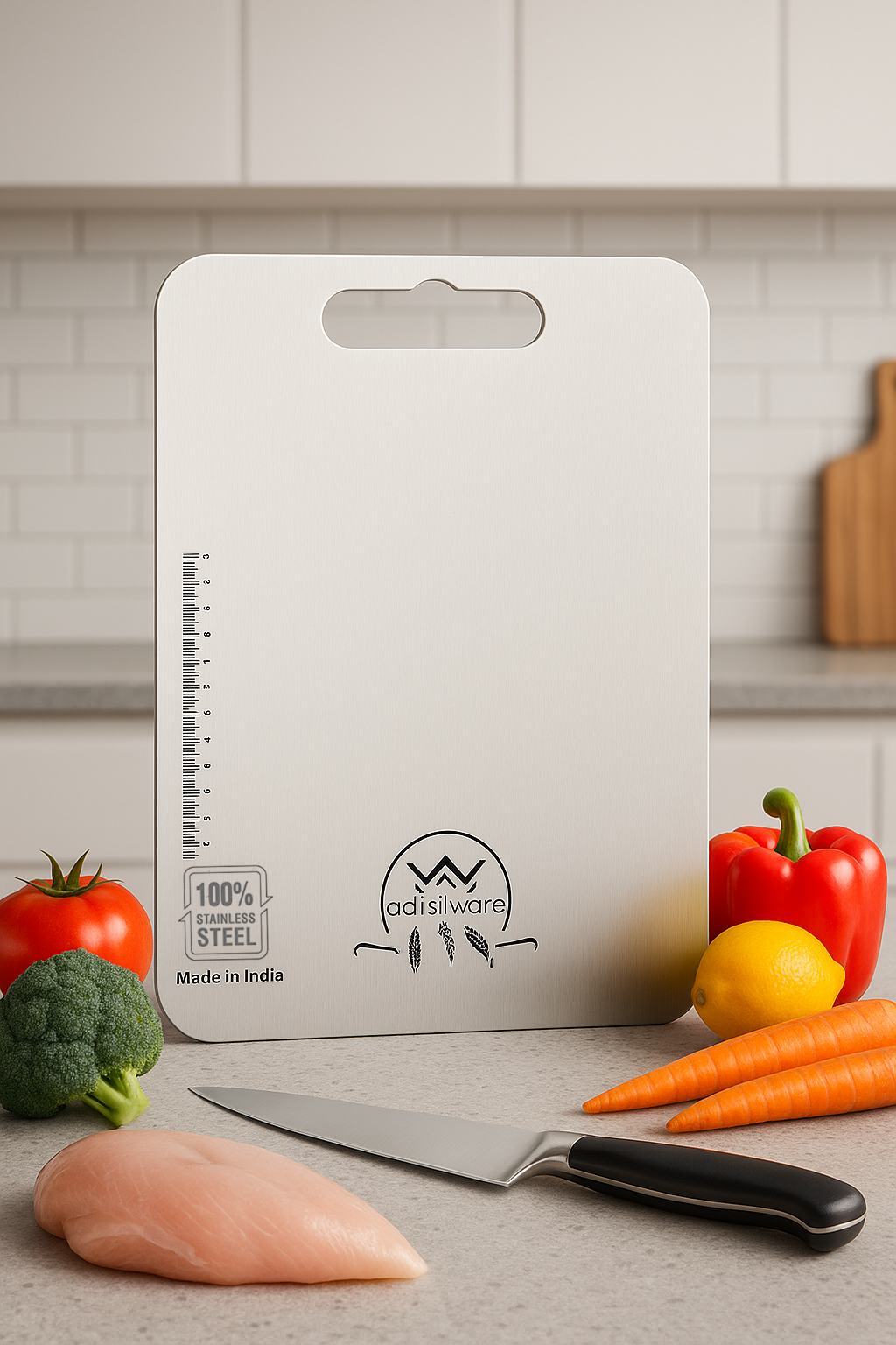 Adisilware Large Premium Stainless Steel Cutting Board for Kitchen - Premium Ruler Design