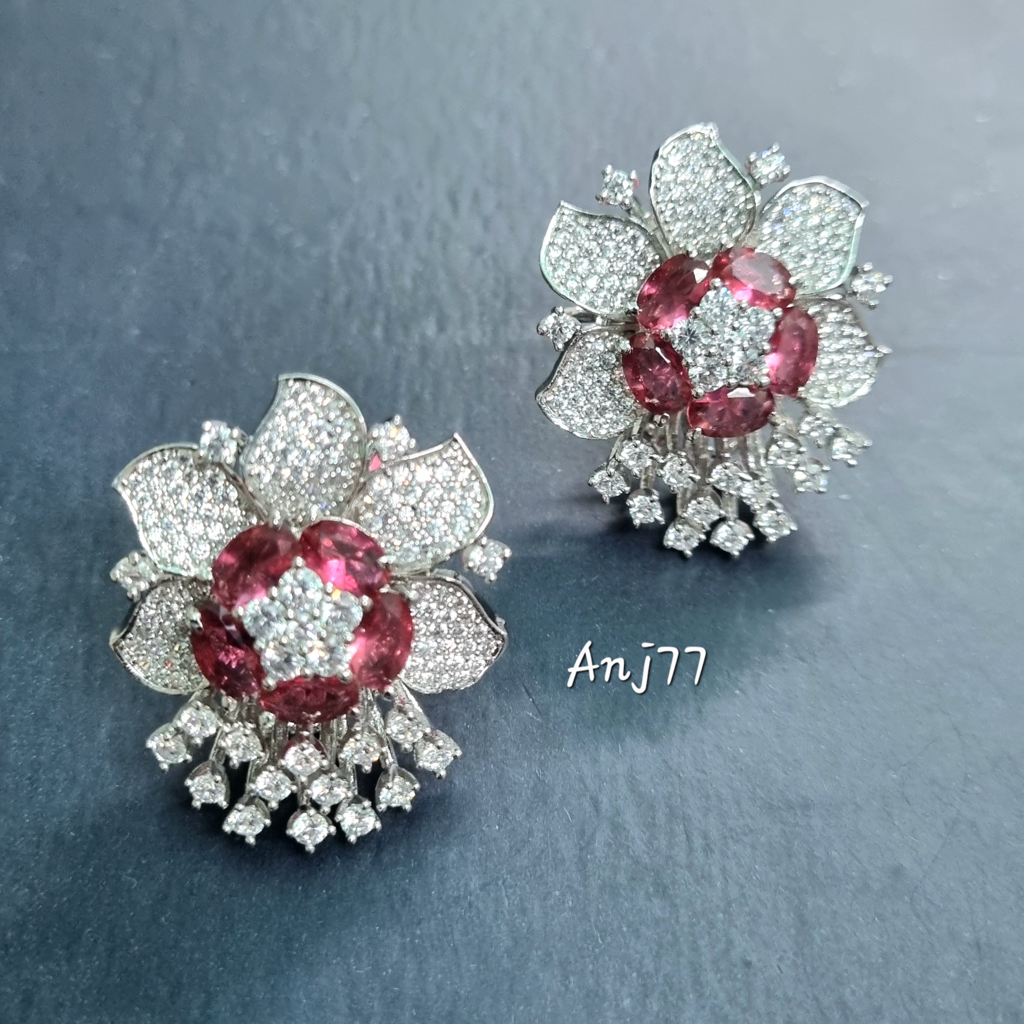 Floral Diamond and Pink Stone Earrings