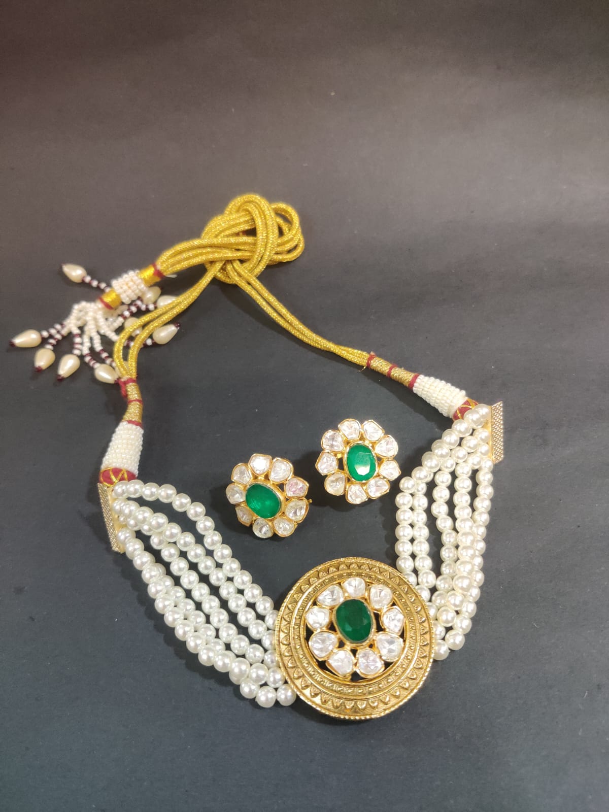 Traditional Pearl and Green Stone Choker Set