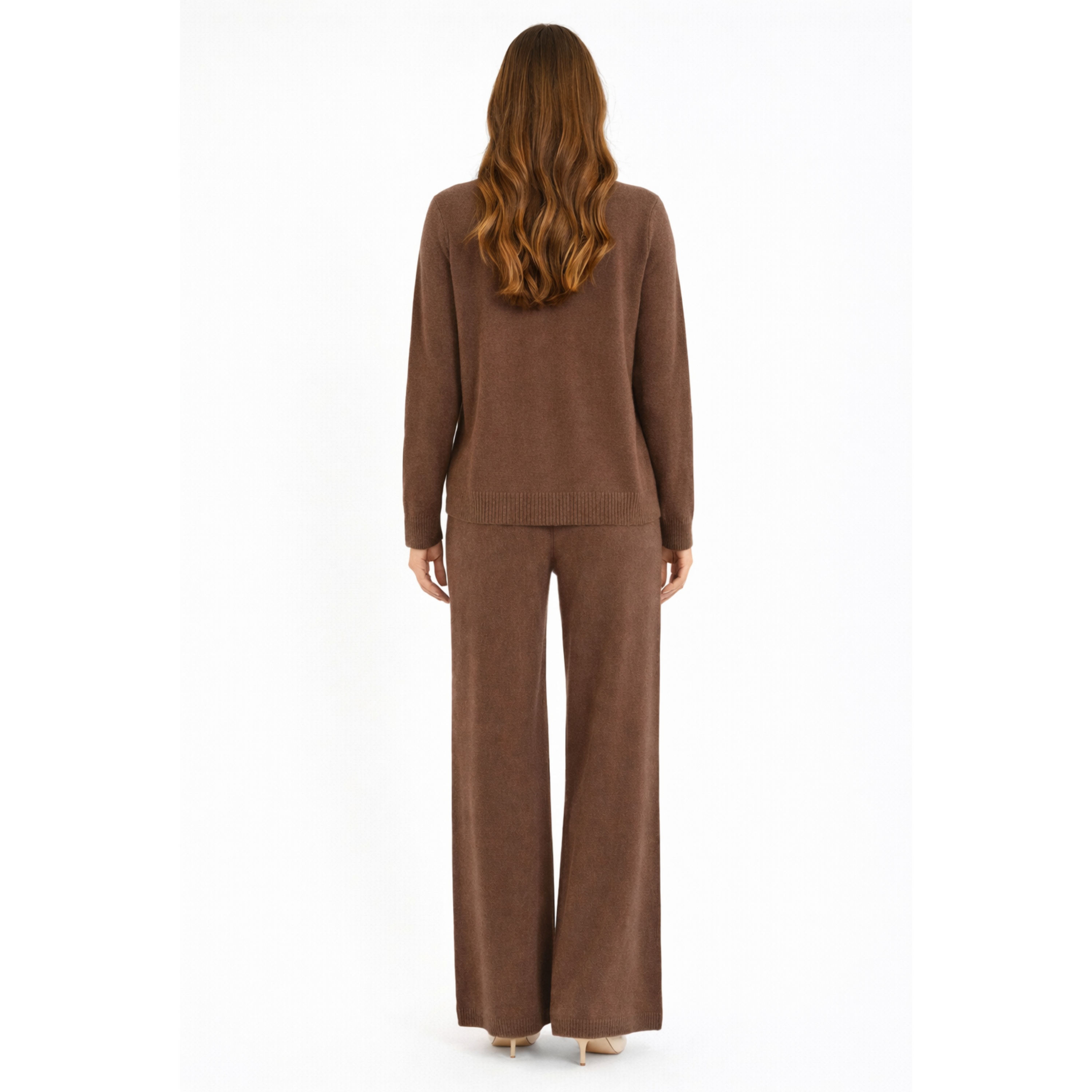 Women's brown knit sweater and wide-leg pants set
