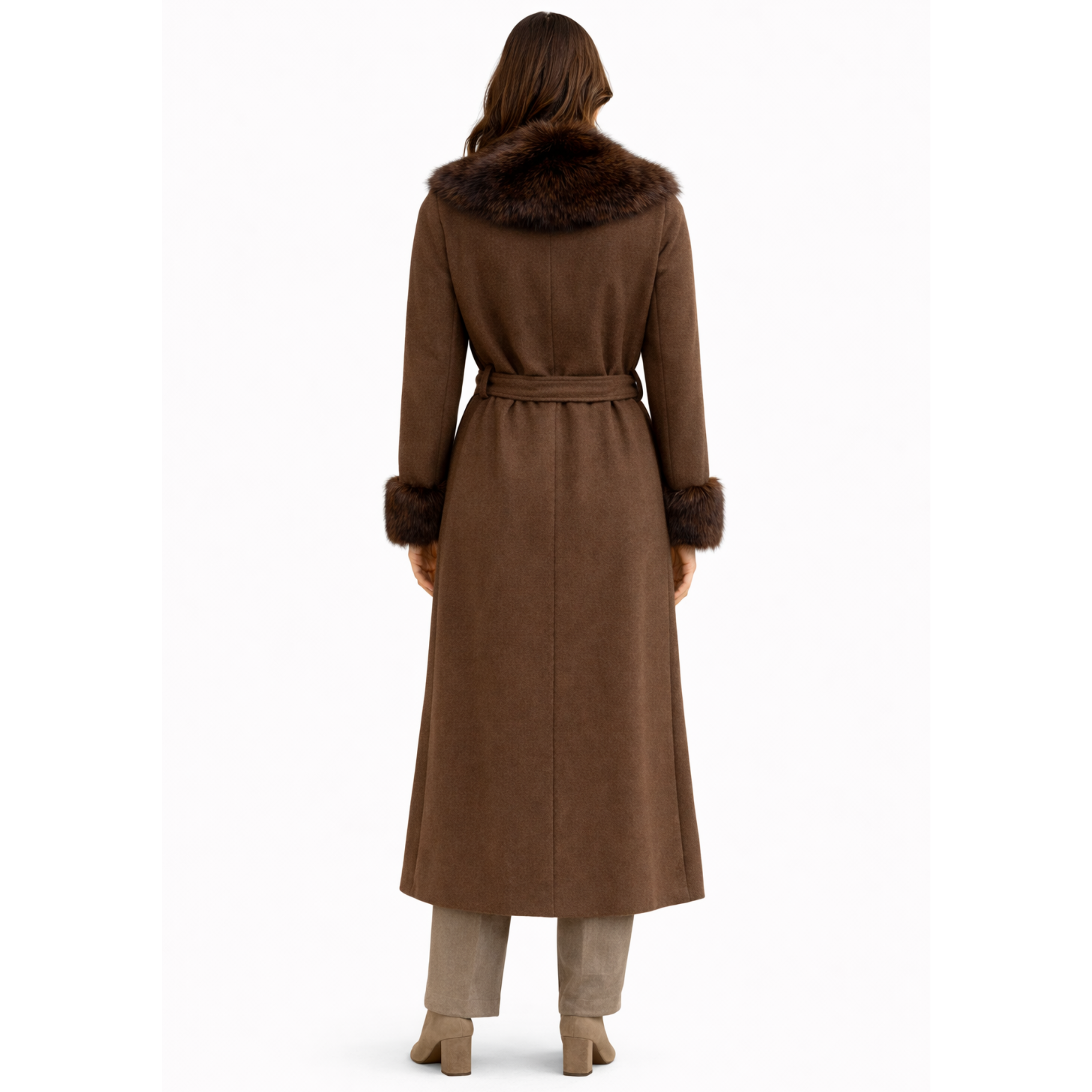 Cappotto lungo in tessuto con bordo in pelliccia