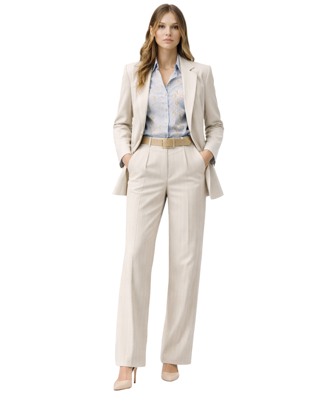 Completo Elegante Donna Beige Gessato.