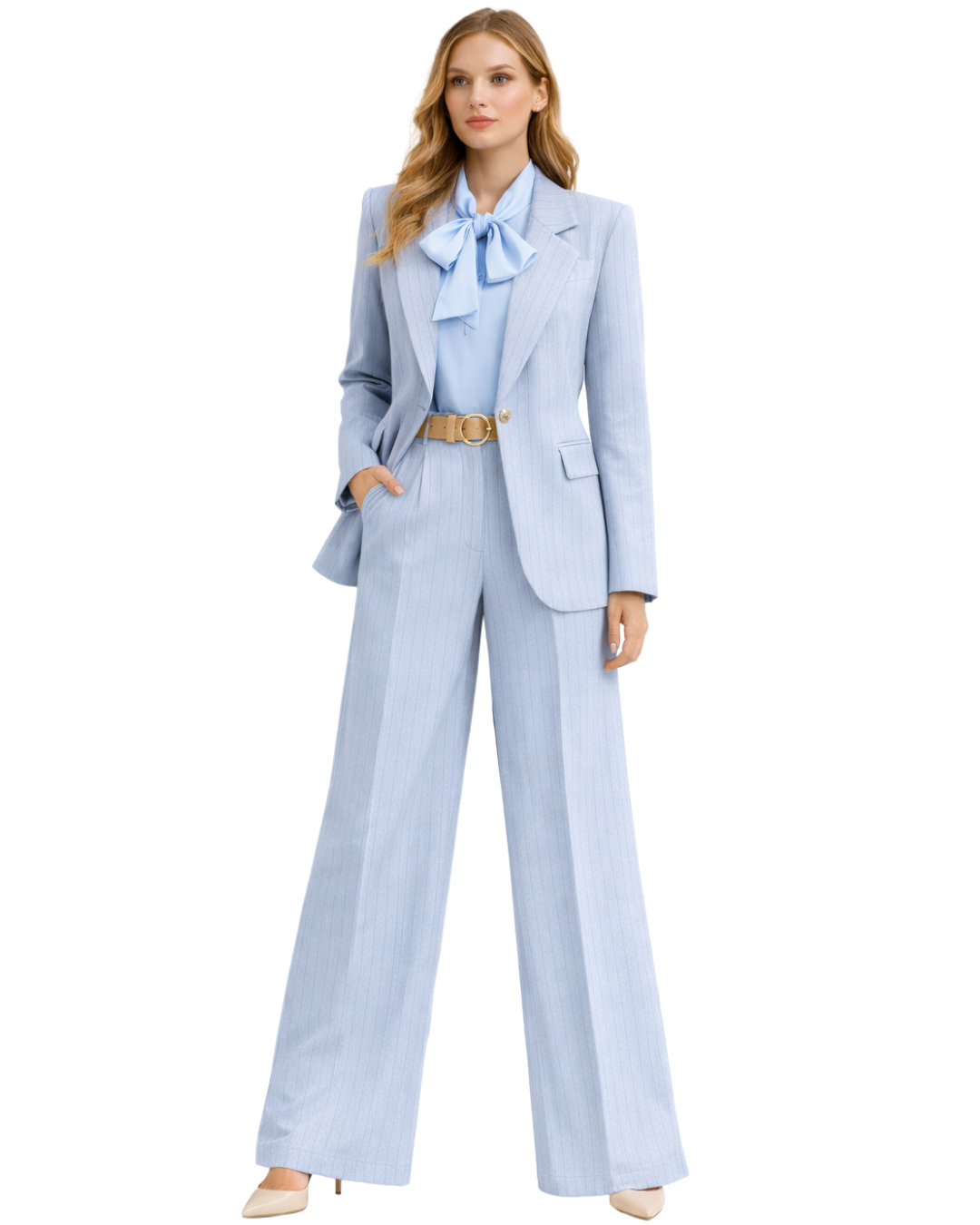 Completo pantalone donna blu chiaro ghiaccio, gessato.