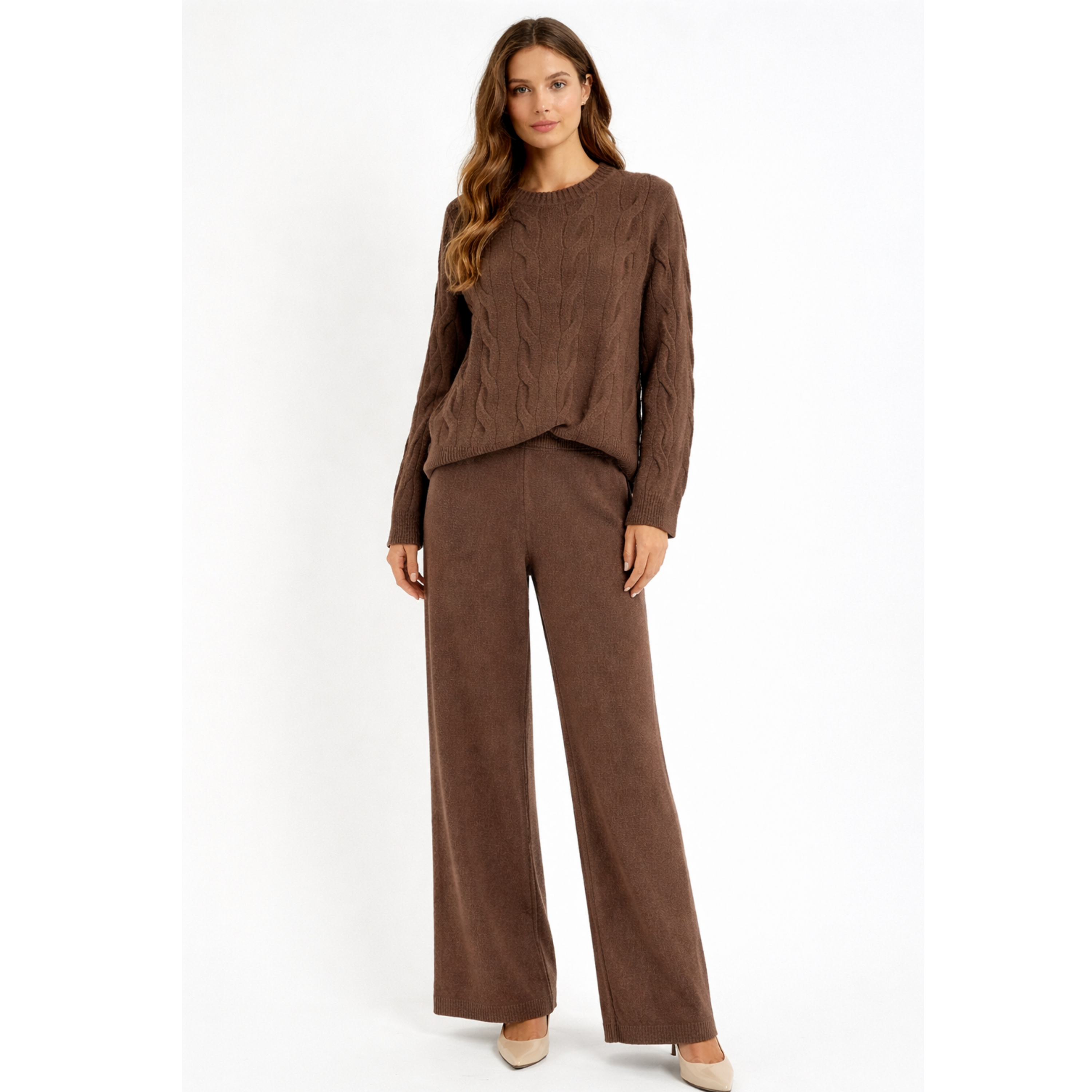 Women's brown knit sweater and wide-leg pants set