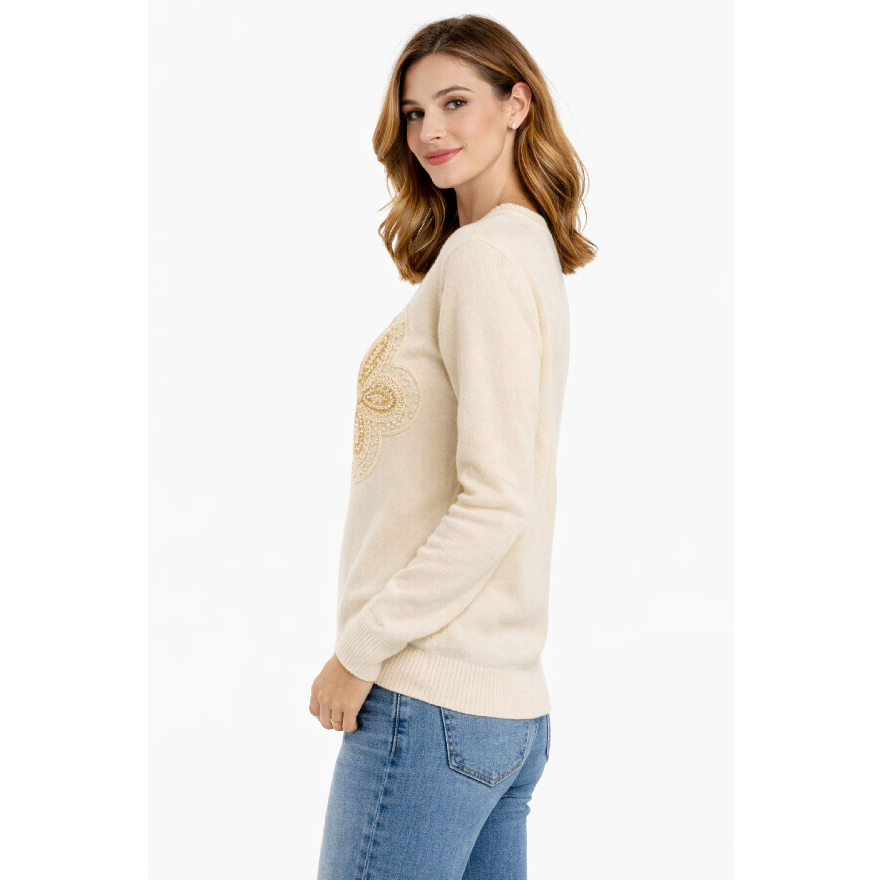 Maglione beige con ricamo floreale