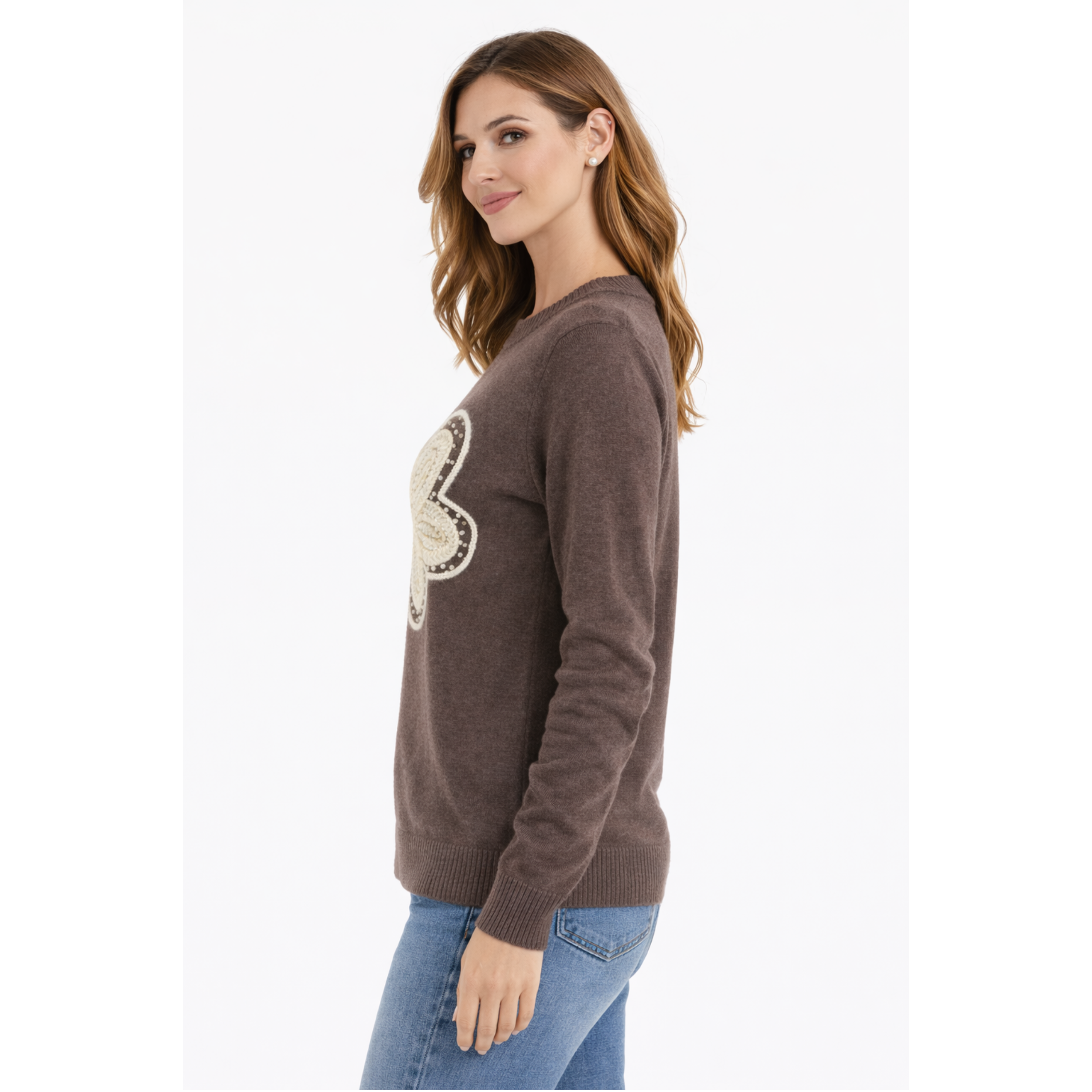 Maglione Marrone con ricamo Floreale
