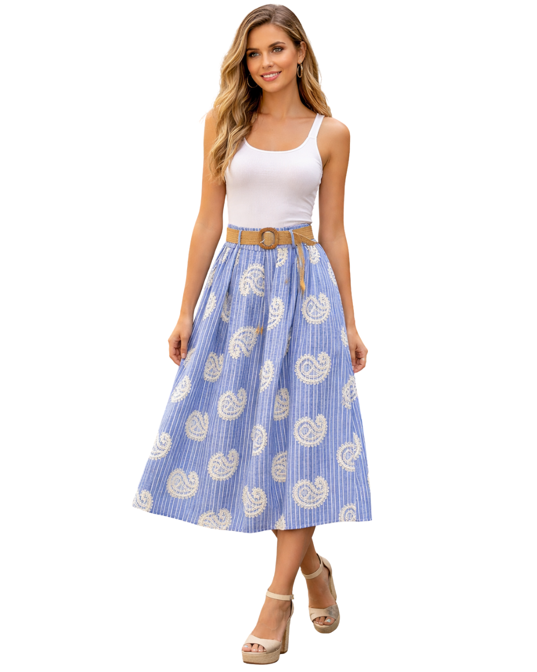 Gonna midi a righe blu con cintura