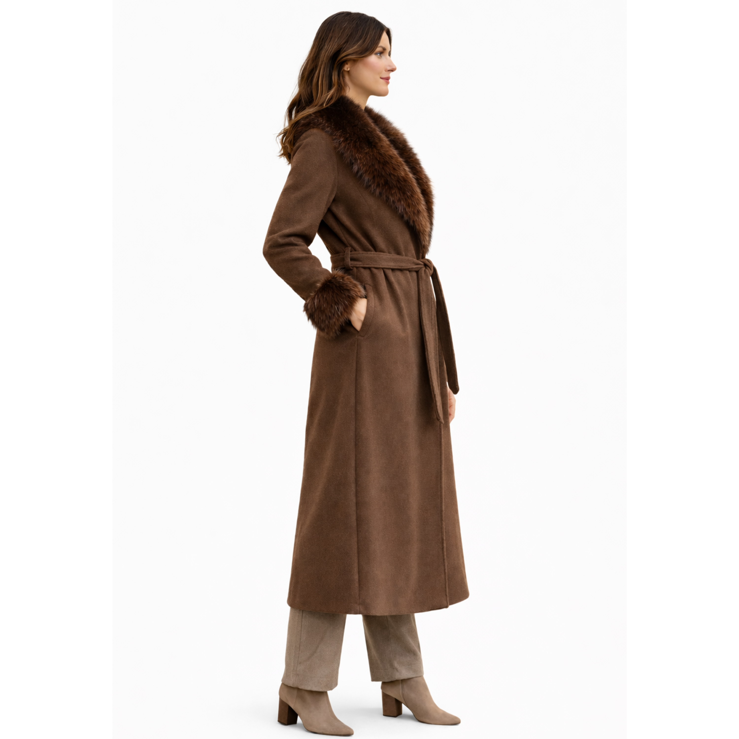 Cappotto lungo in tessuto con bordo in pelliccia